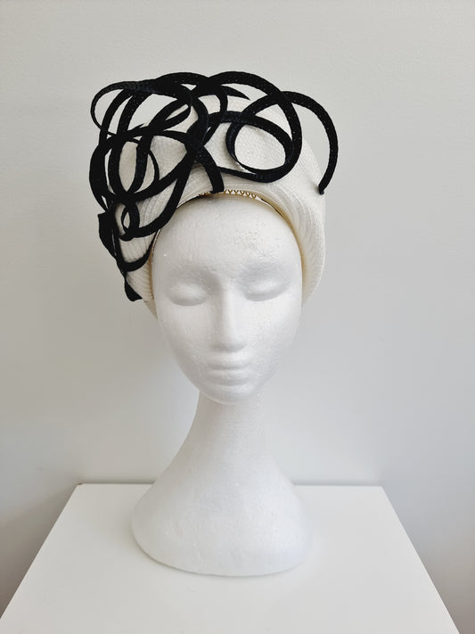 Miss Hannah. Womens off white halo headband with black detail Fascinator