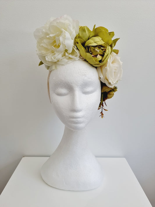 Miss Ophelia. Womens flower embellished headband in Ivory / Sage green