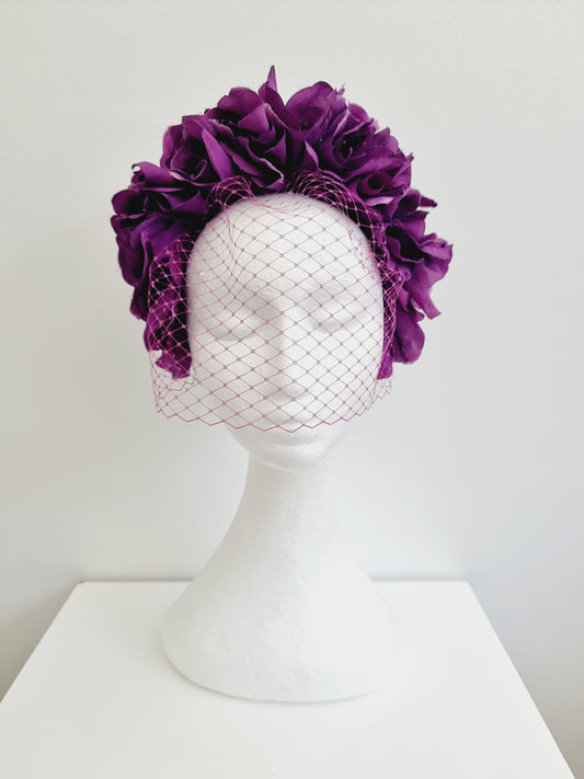 Miss Trixie. Womens ruffle embellished headband with veiling in Violet
