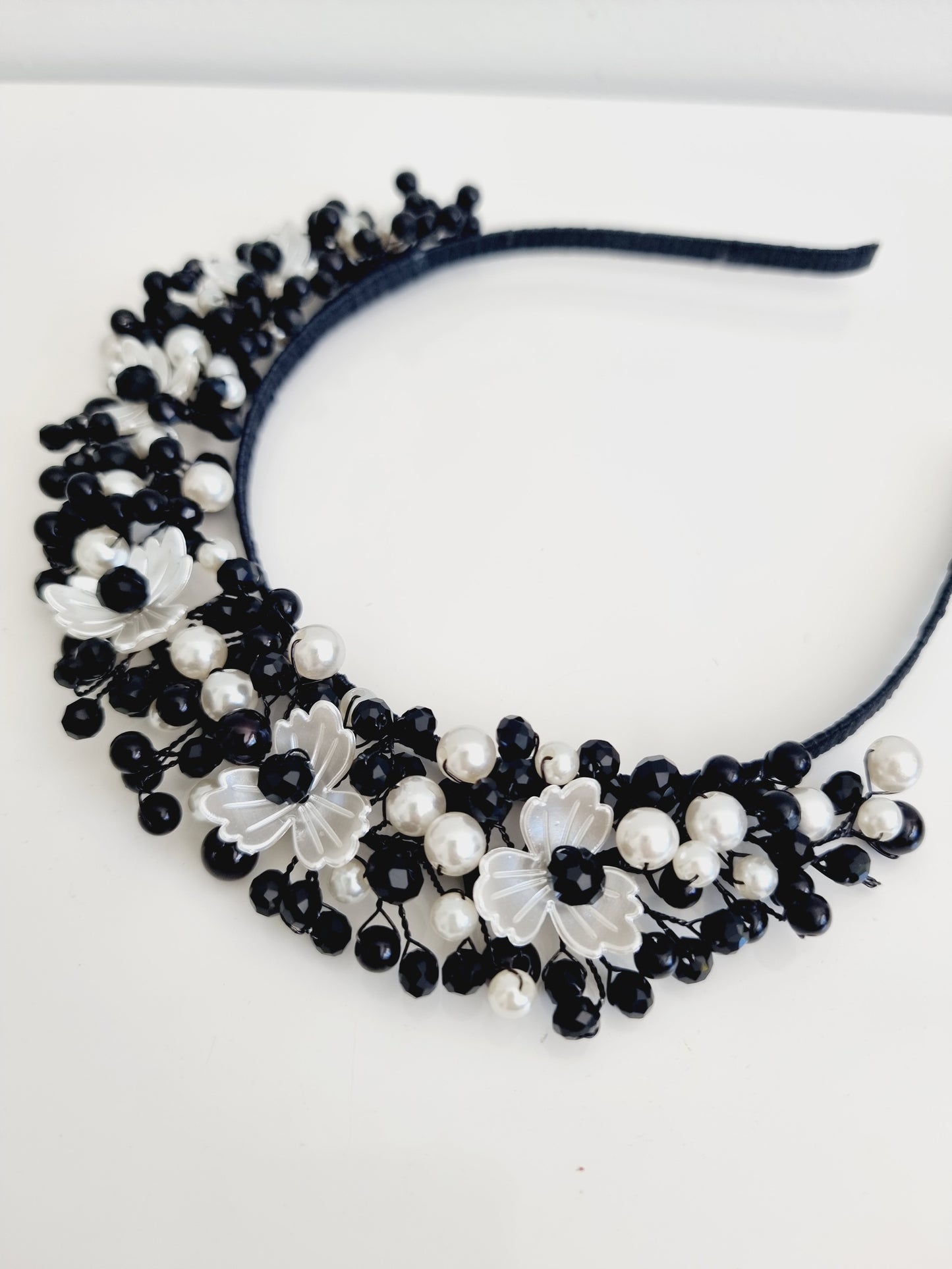 Miss Sienna. Womens pearl and crystal beaded headband fascinator in Black and white