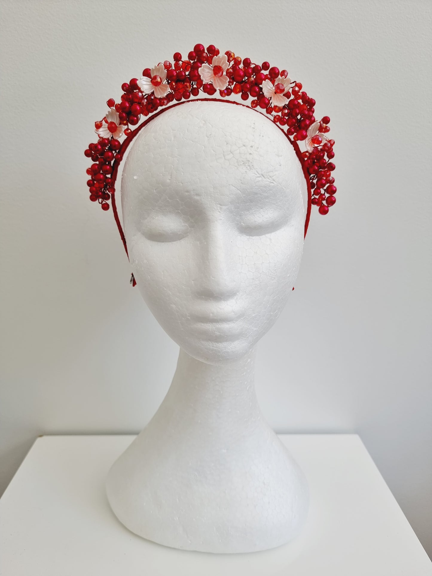 Miss Sienna. Womens pearl and crystal beaded headband fascinator in Red /ivory