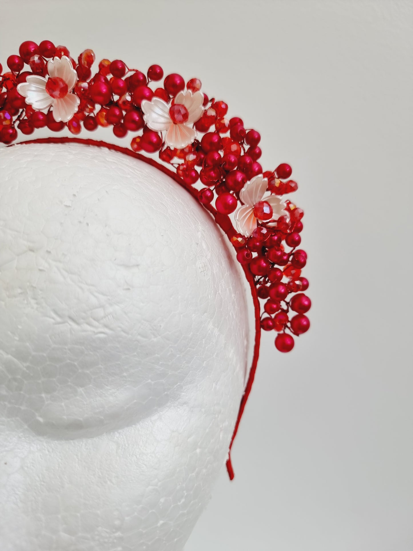 Miss Sienna. Womens pearl and crystal beaded headband fascinator in Red /ivory