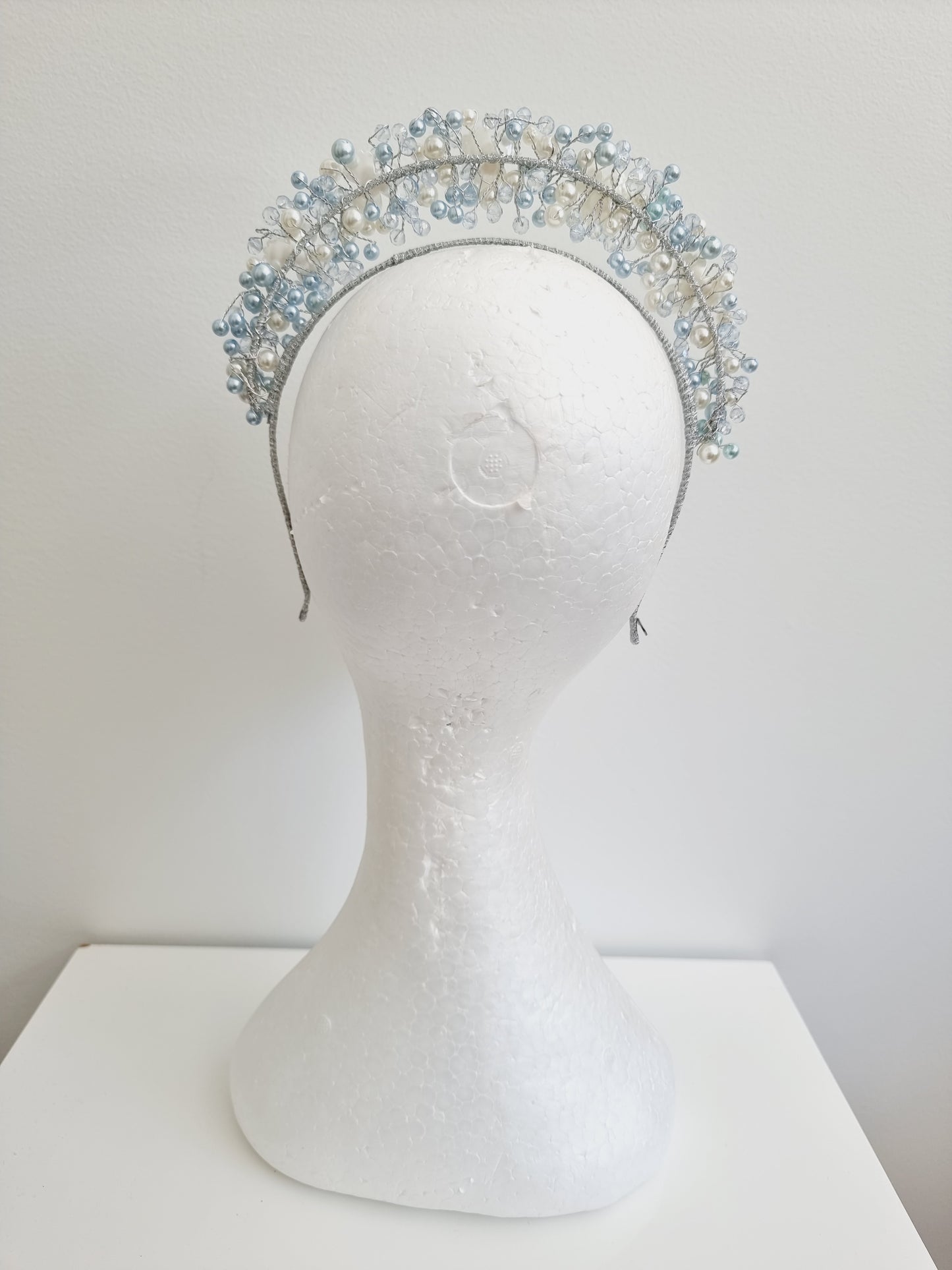 Miss Sienna. Womens pearl and crystal beaded headband fascinator in Pale Blue / white