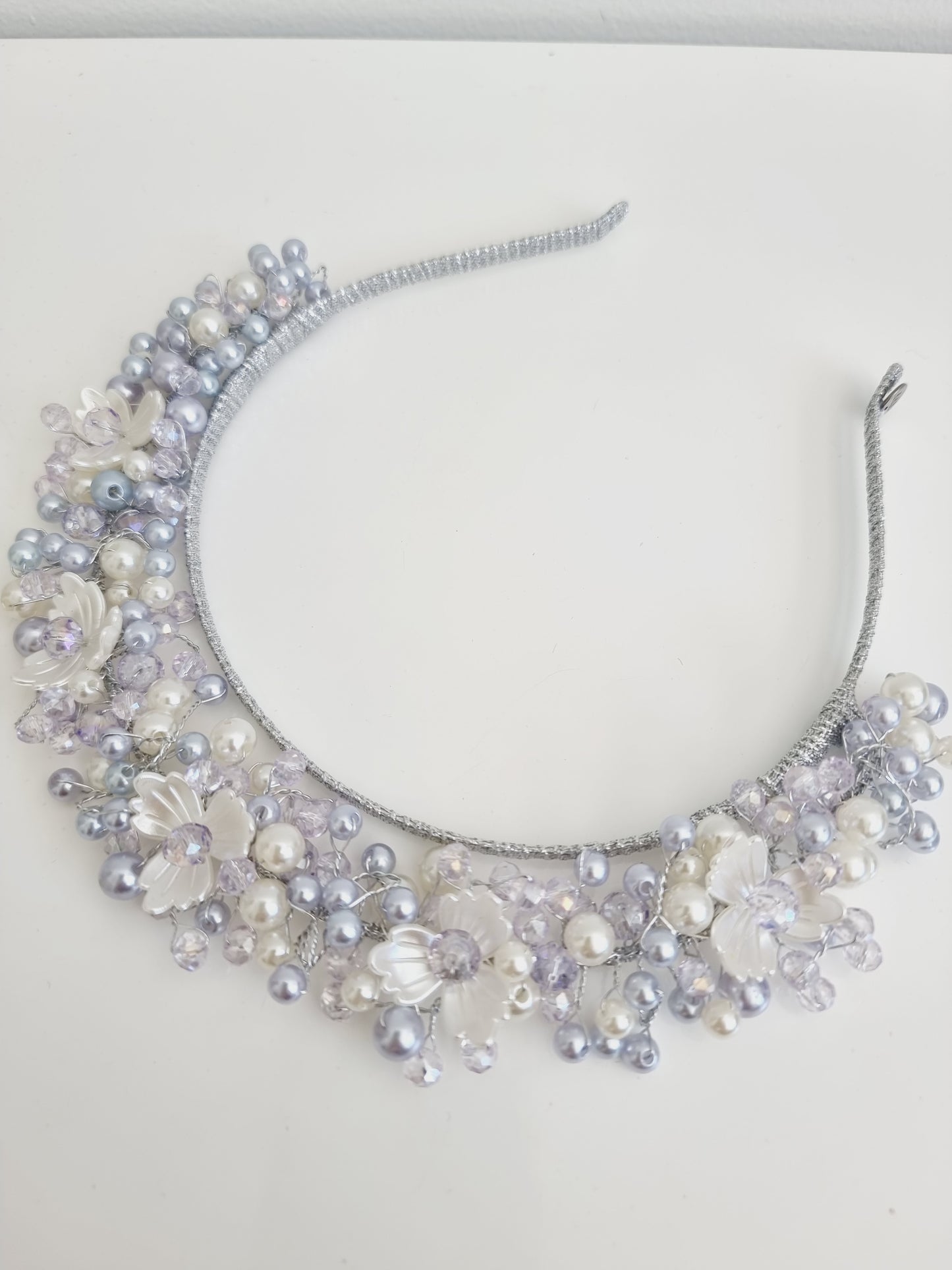 Miss Sienna. Womens pearl and crystal beaded headband fascinator in Lavender