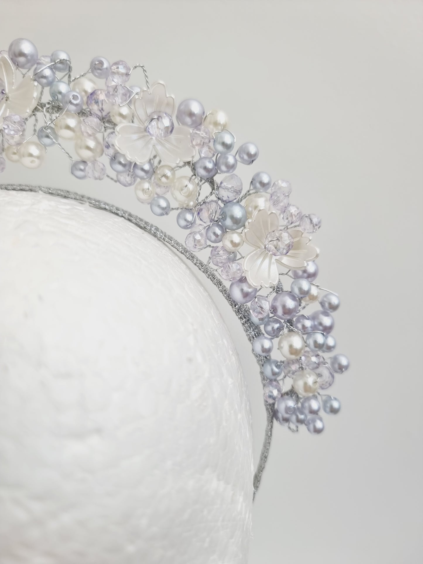 Miss Sienna. Womens pearl and crystal beaded headband fascinator in Lavender