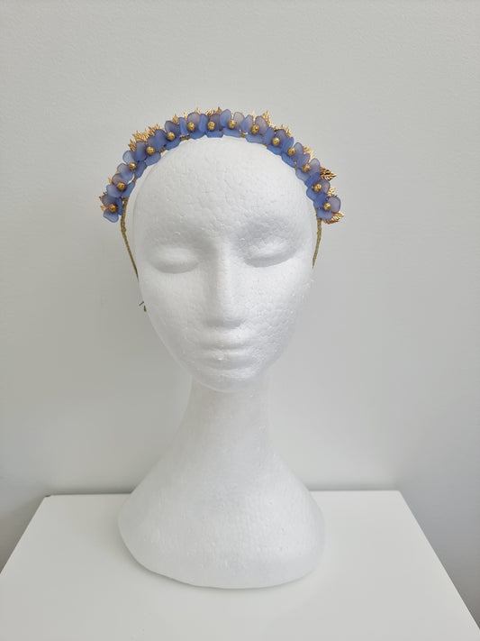 Miss Freya. Womens embellished flower headband fascinator in Dusty blue /gold