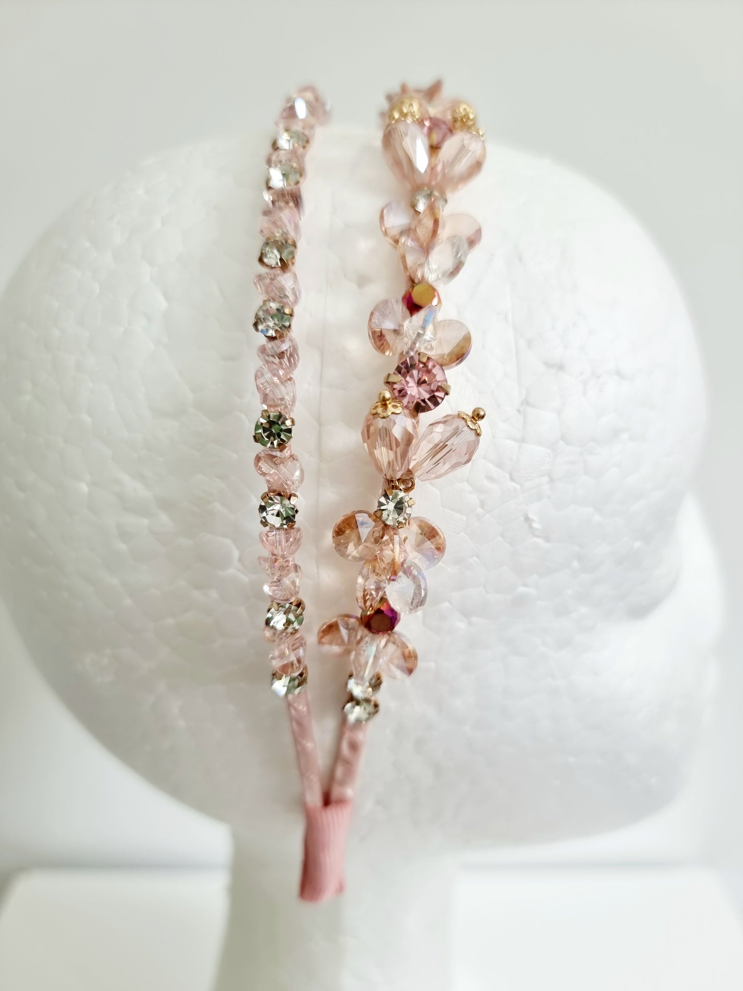 Miss Harlo. Womens crystal embellished double headband fascinator in Pale Pink