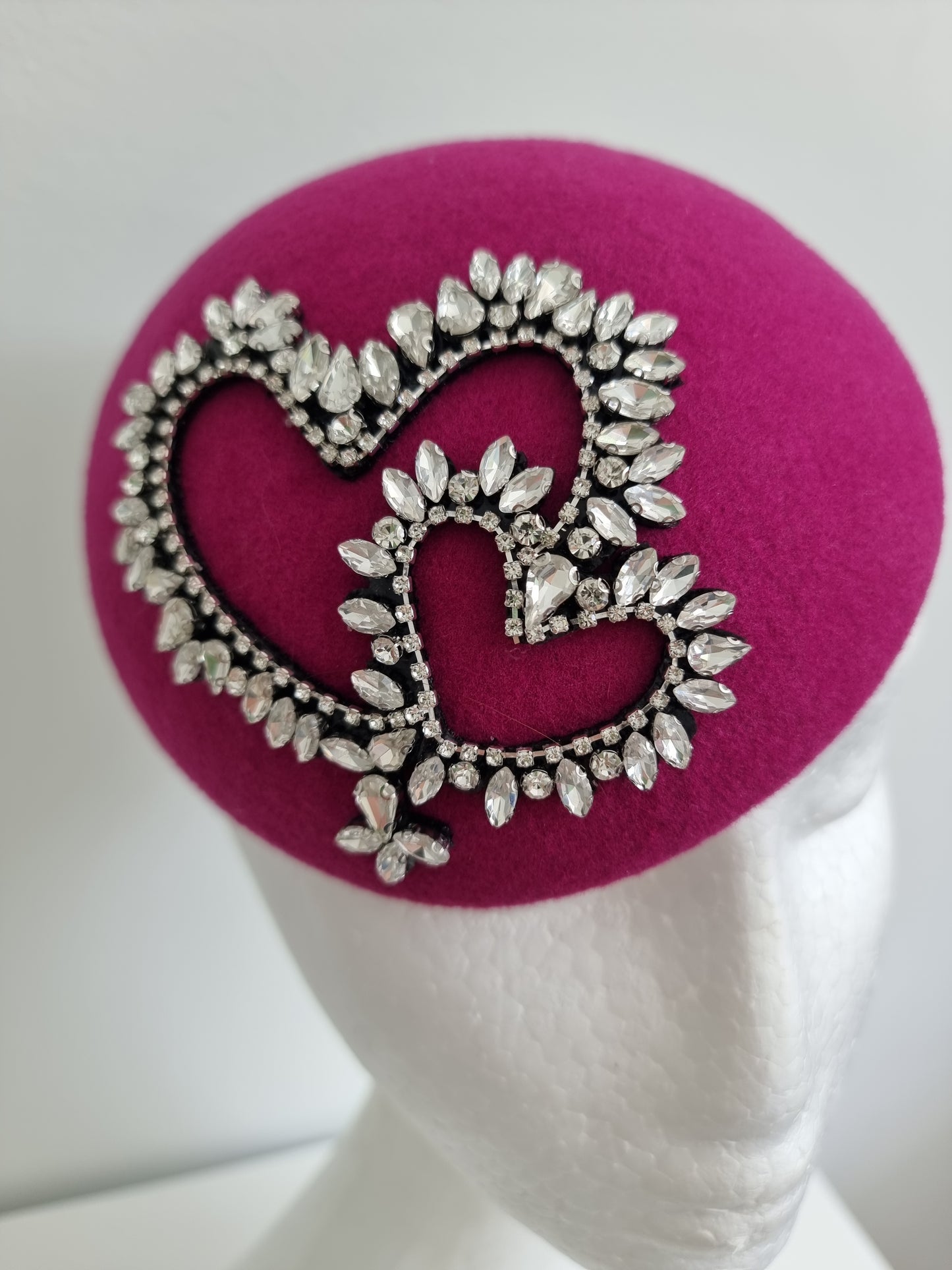 Miss You have my heart. Womens Magenta felt button fascinator with rhinestone hearts