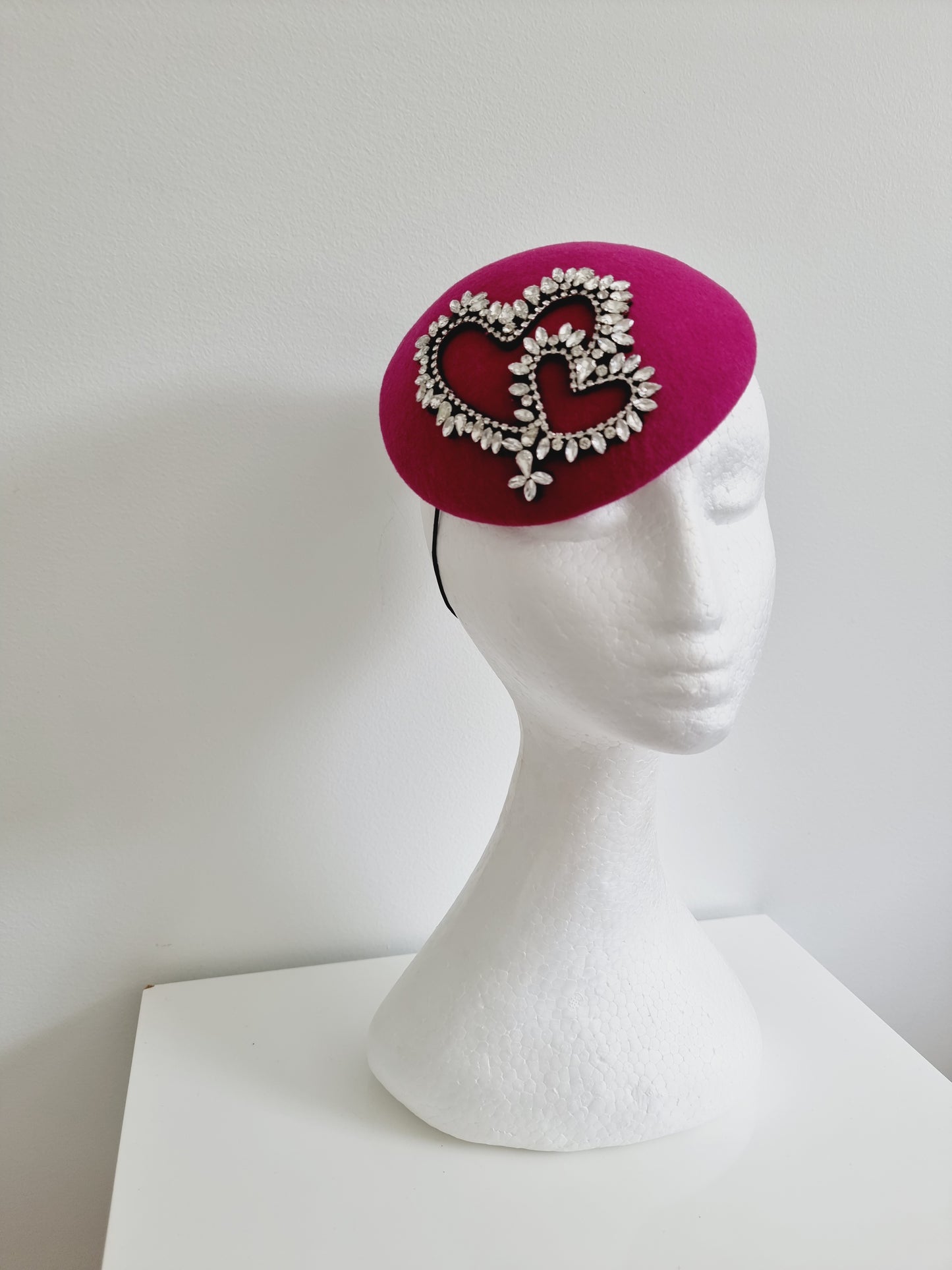 Miss You have my heart. Womens Magenta felt button fascinator with rhinestone hearts
