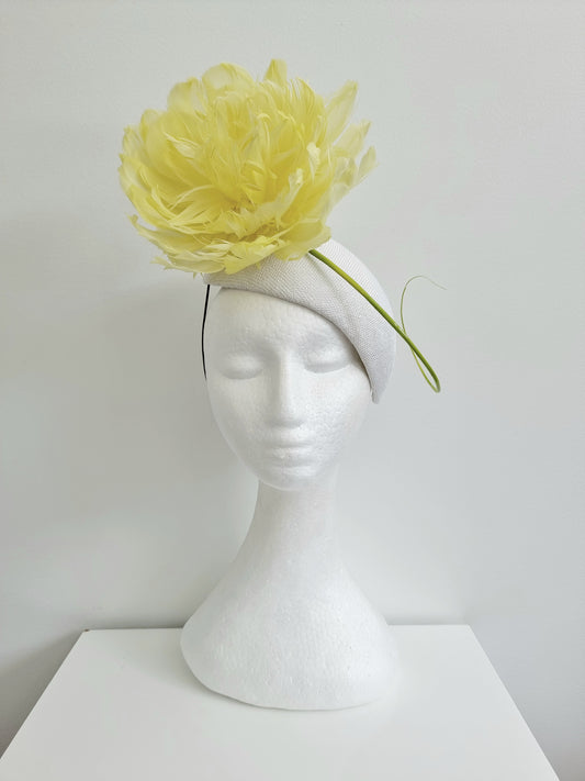 Miss Lallie. Womens white straw face hugger fascinator with lemon flower