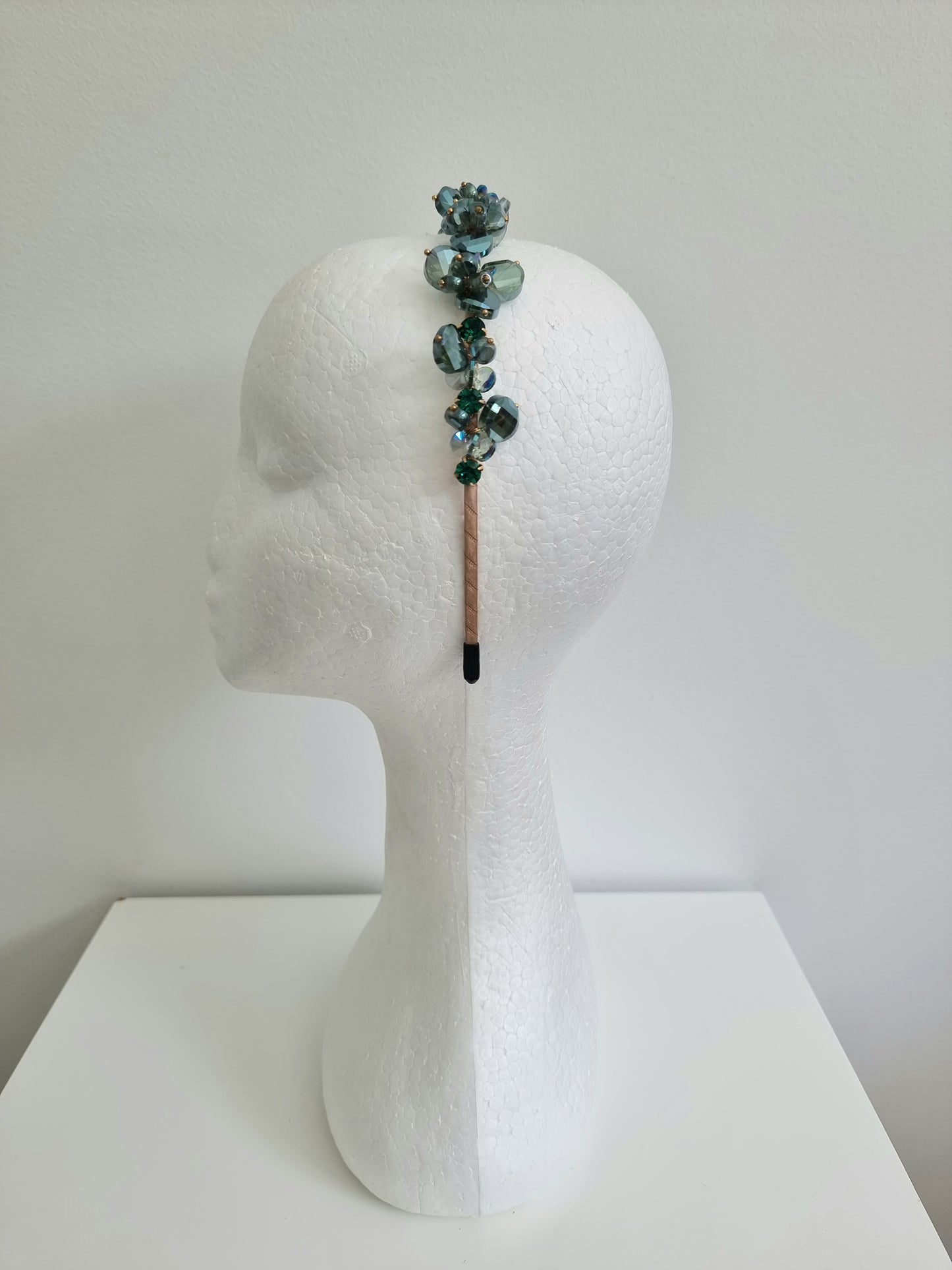 Miss Kennedy. Womens crystal embellished headband fascinator in Khaki Green
