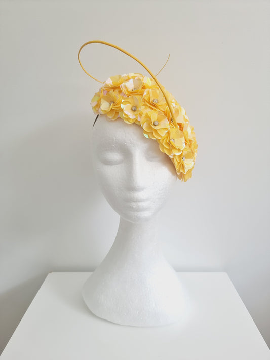 Miss Jamie . Womens Yellow 3D flower encrusted fascinator with quill