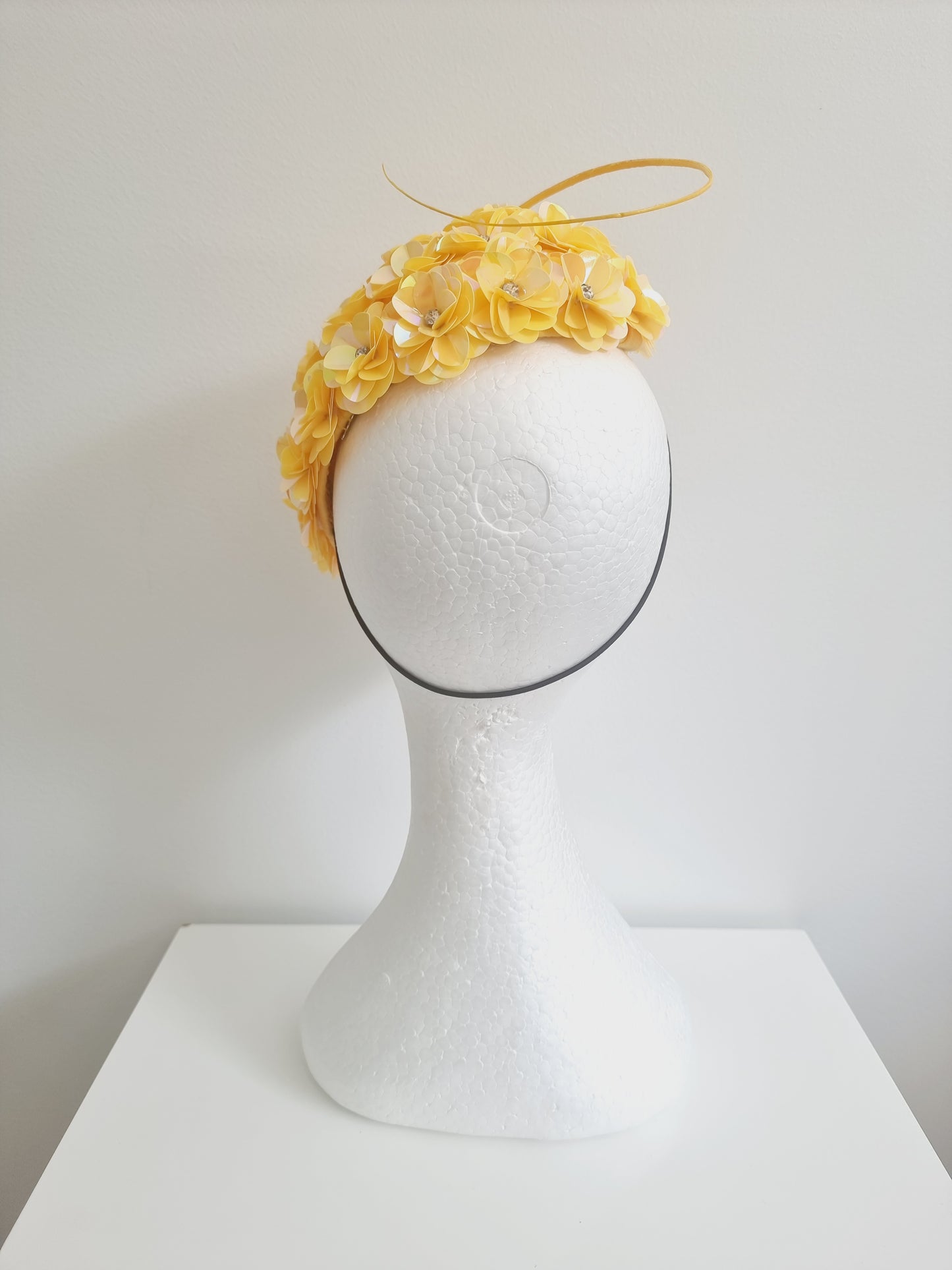 Miss Jamie . Womens Yellow 3D flower encrusted fascinator with quill