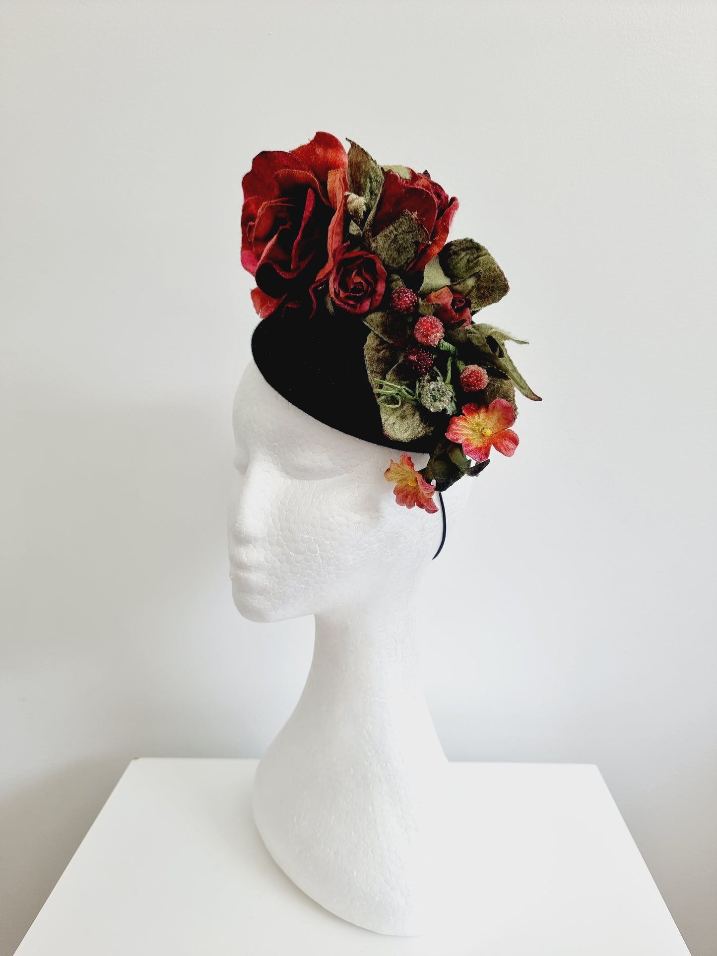 Miss Daphne. Womens Black felt fascinator with Burgundy velvet rose detail