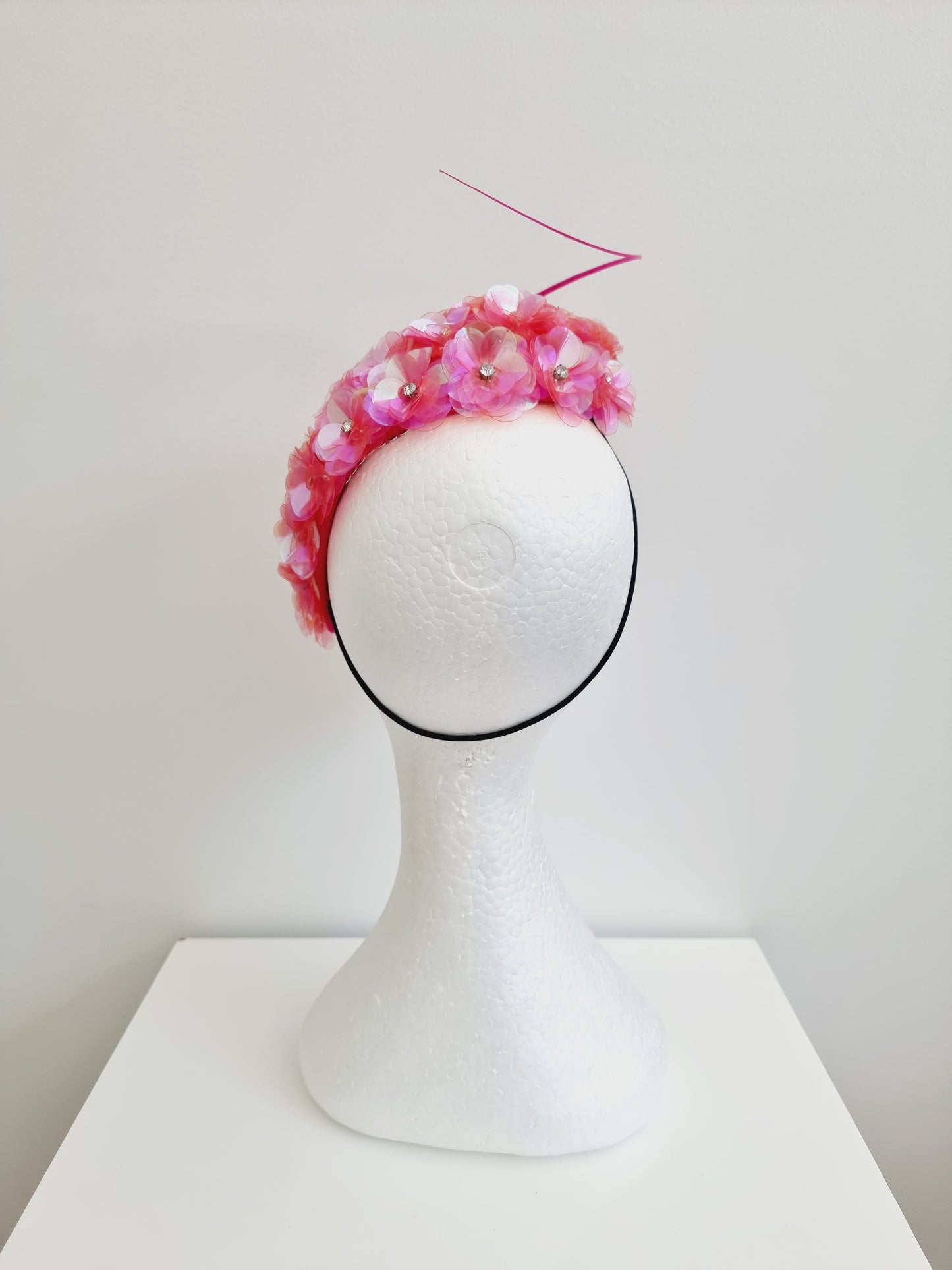 Miss Jamie . Womens Pink 3D flower encrusted fascinator with quill