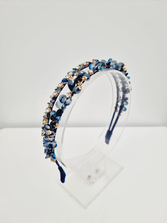 Miss Harlo. Womens crystal embellished double headband fascinator in Navy Blue