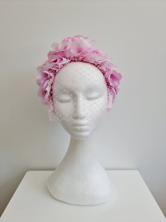 Miss Trixie. Womens ruffle embellished headband with veiling in Pale Pink