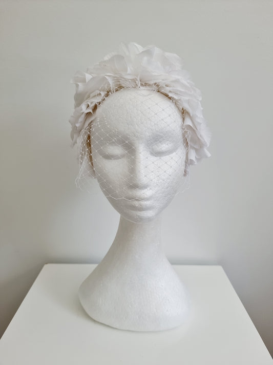 Miss Trixie. Womens ruffle embellished headband with veiling in White