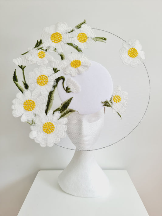 Miss Ups a Daisy. Womens white satellite percher headband fascinator with embroidered daisy