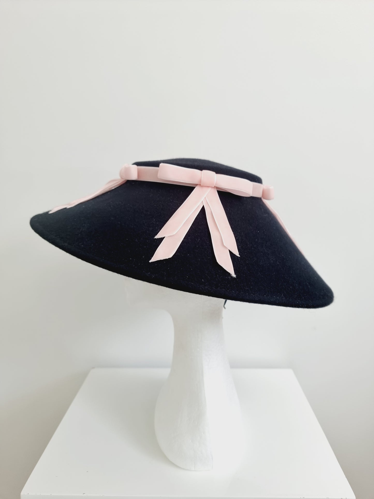 Miss Celine. Womens Black wool felt hat with pale pink velvet ribbon bow