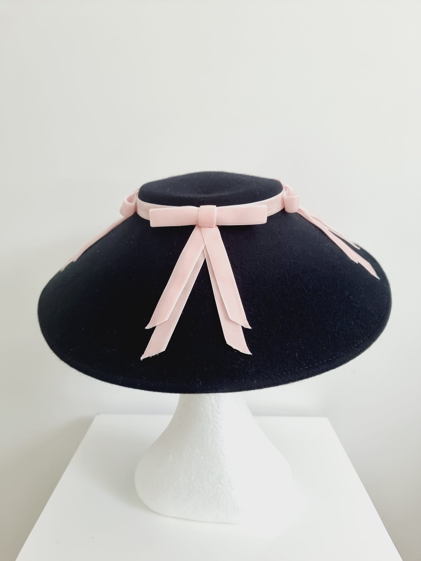 Miss Celine. Womens Black wool felt hat with pale pink velvet ribbon bow