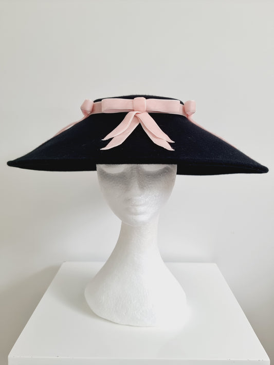 Miss Celine. Womens Black wool felt hat with pale pink velvet ribbon bow
