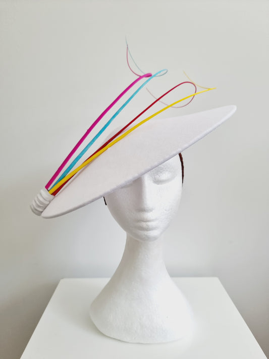 Miss Jessie . Womens White leather coolie hat with multi coloured quills