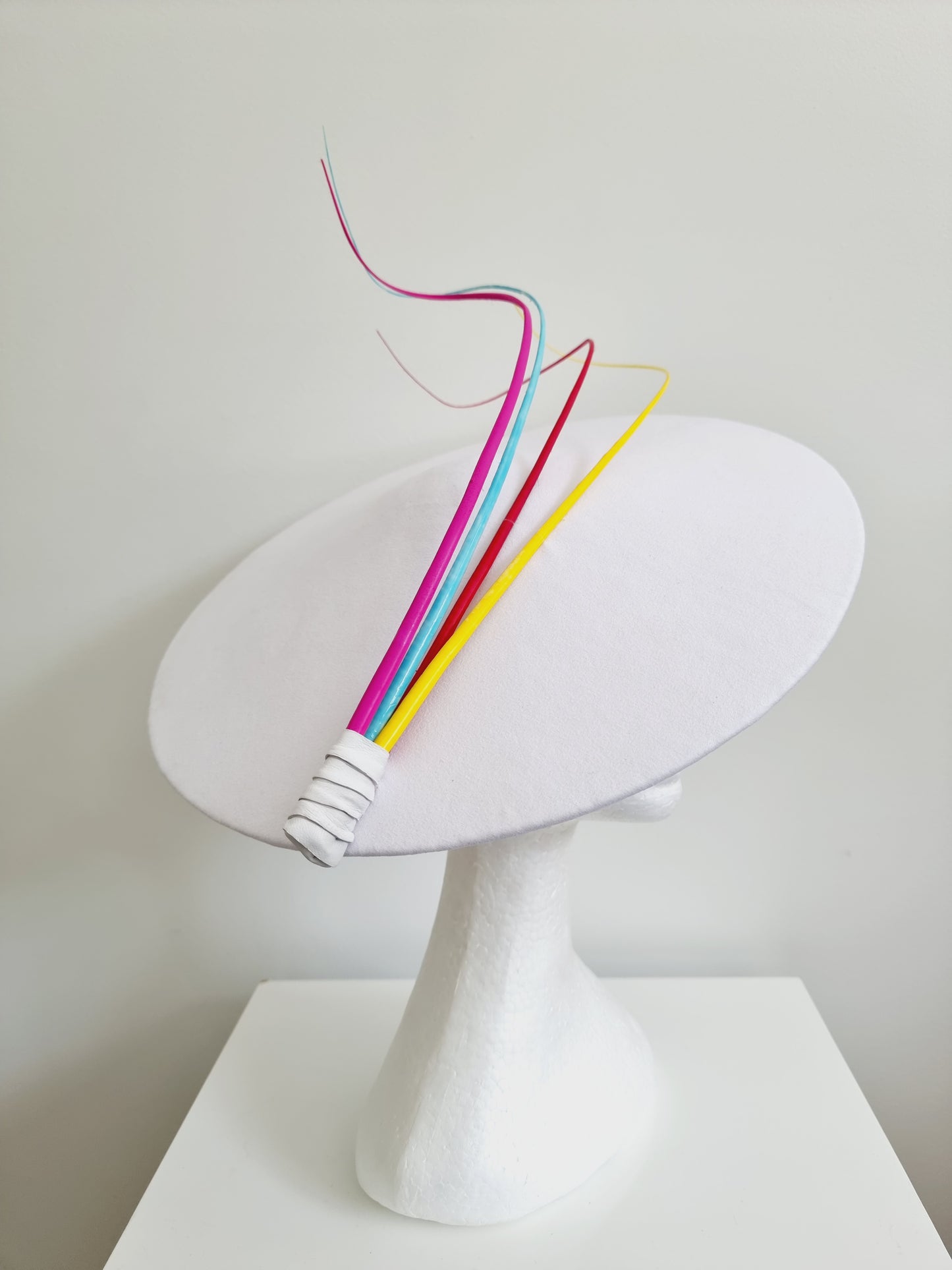 Miss Jessie . Womens White leather coolie hat with multi coloured quills