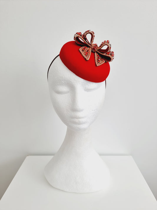 Miss Paint the town Red. Womens red button fascinator with rhinestone bow