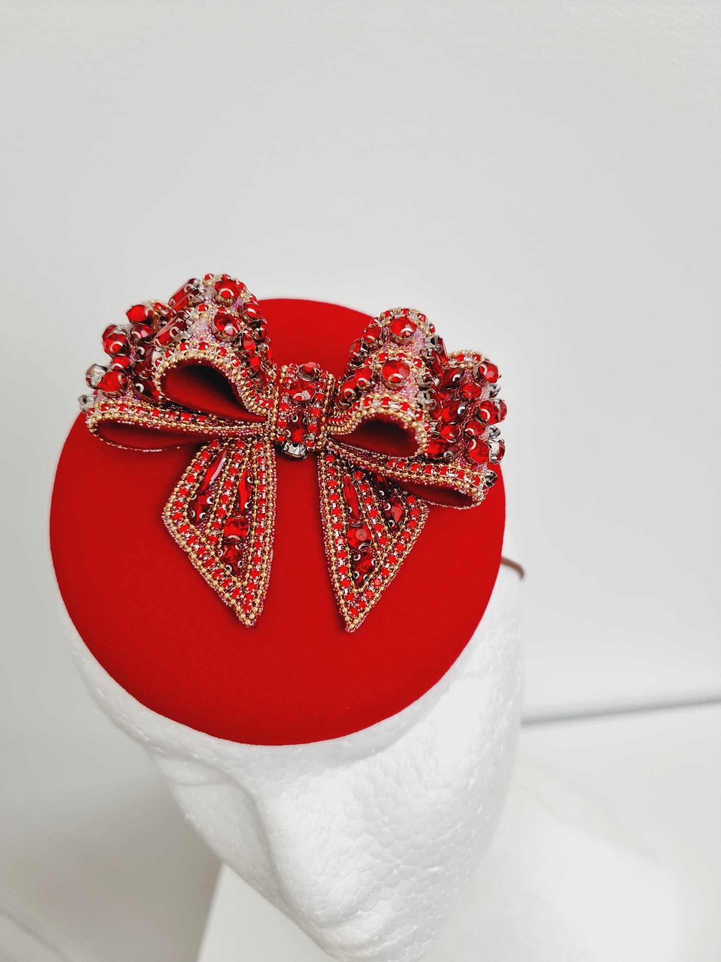 Miss Paint the town Red. Womens red button fascinator with rhinestone bow