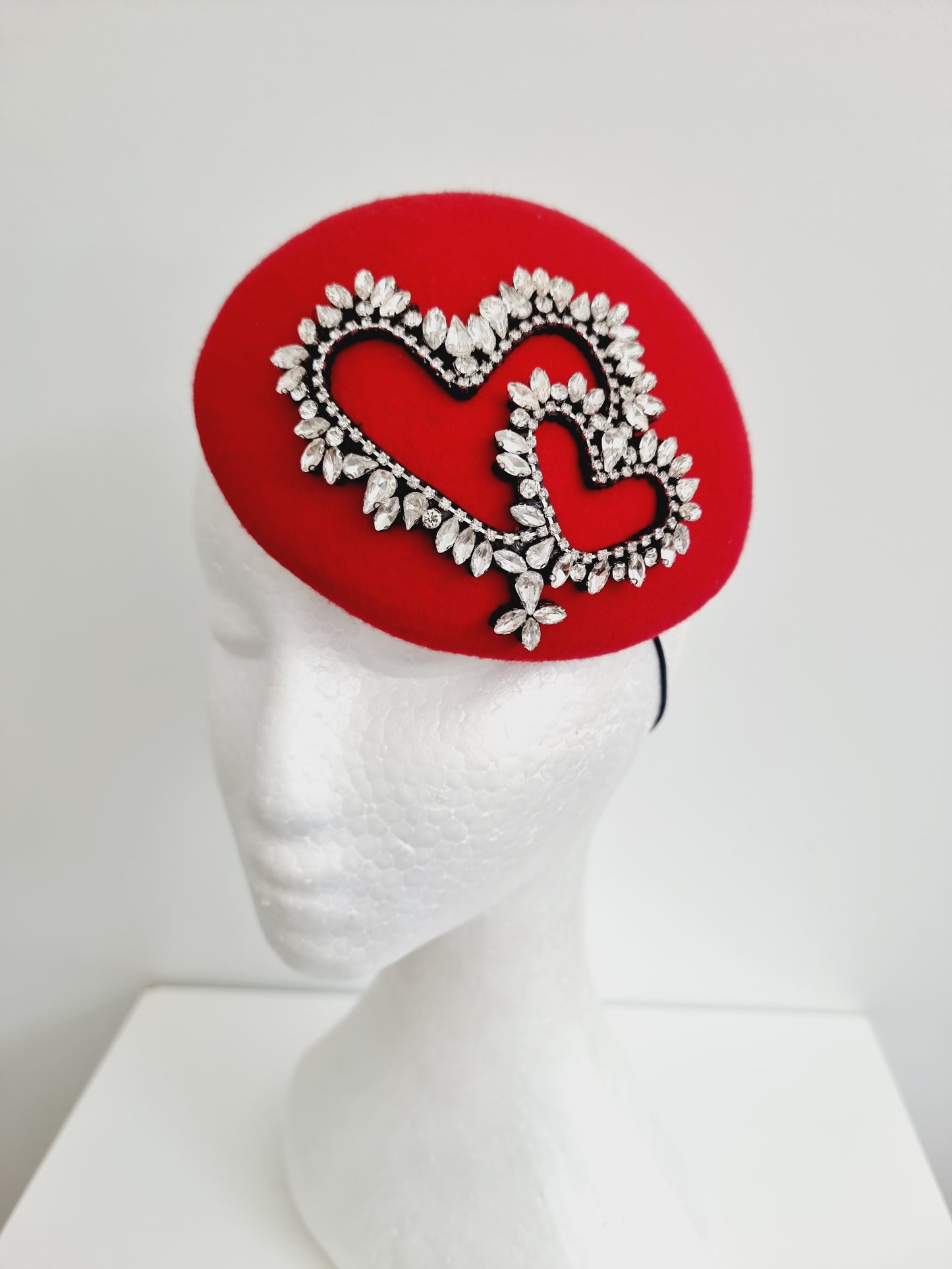 Miss You have my heart. Womens Red felt button fascinator with rhinestone hearts