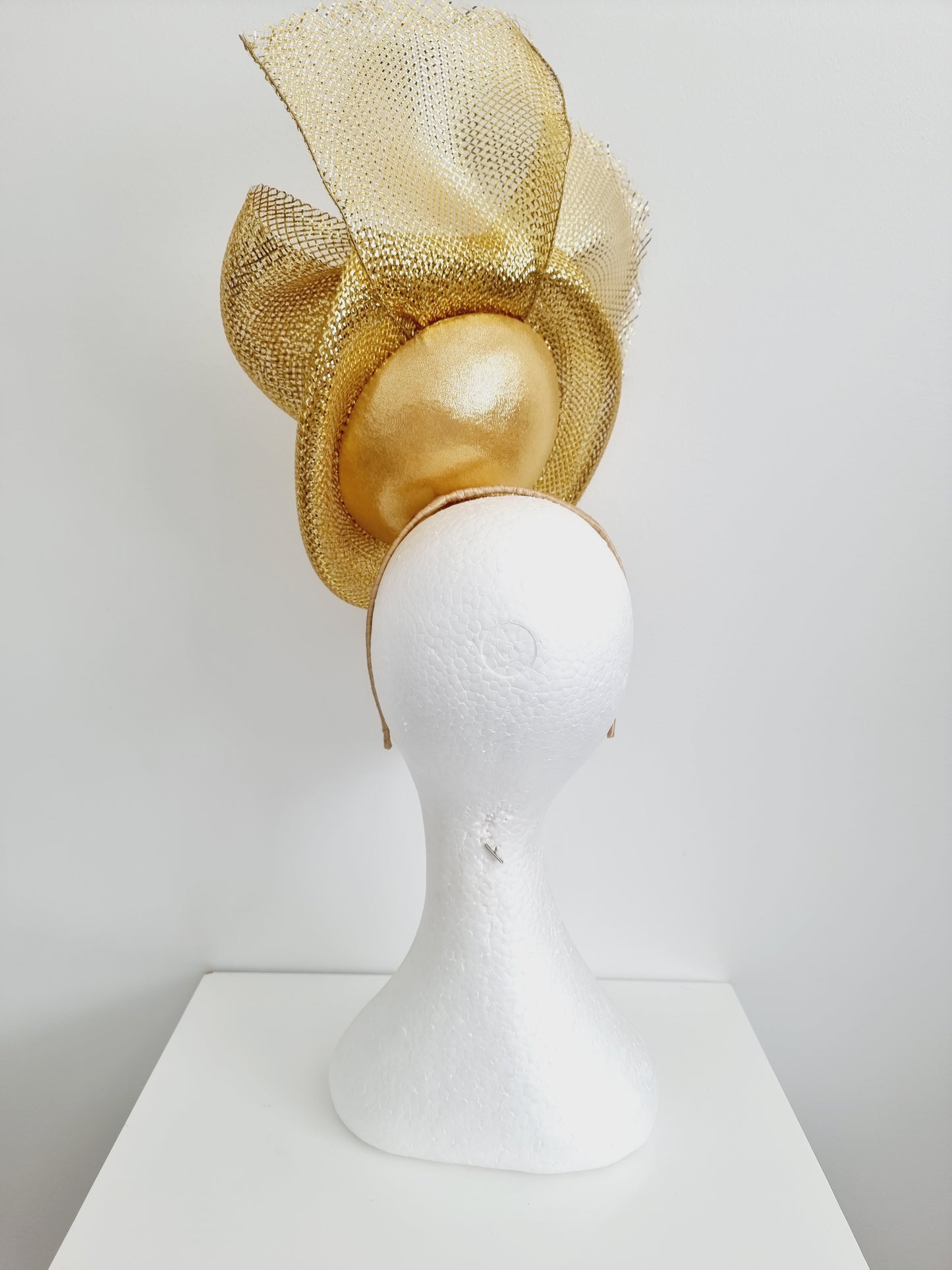 Miss Ford . Womens metallic Gold button percher headband fascinator with crinoline bow