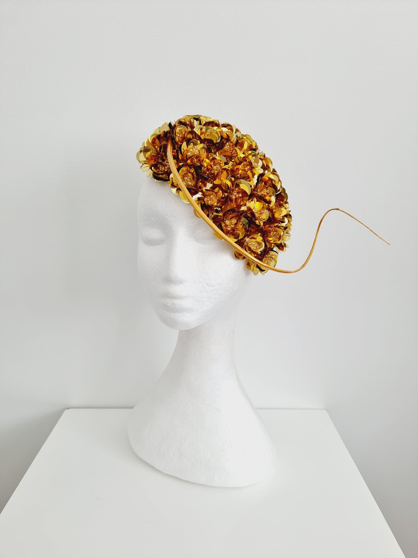 Miss Jamie . Womens Metallic Gold 3D flower encrusted fascinator with quill