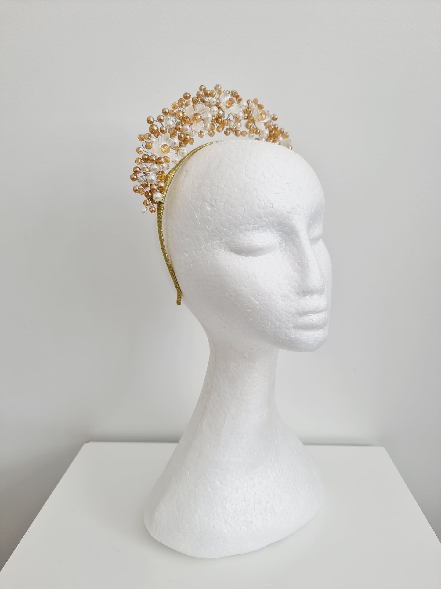 Miss Sienna. Womens pearl and crystal beaded headband fascinator in Gold / ivory