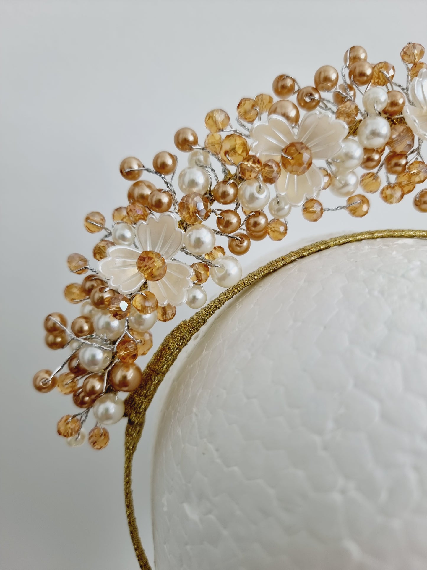 Miss Sienna. Womens pearl and crystal beaded headband fascinator in Gold / ivory