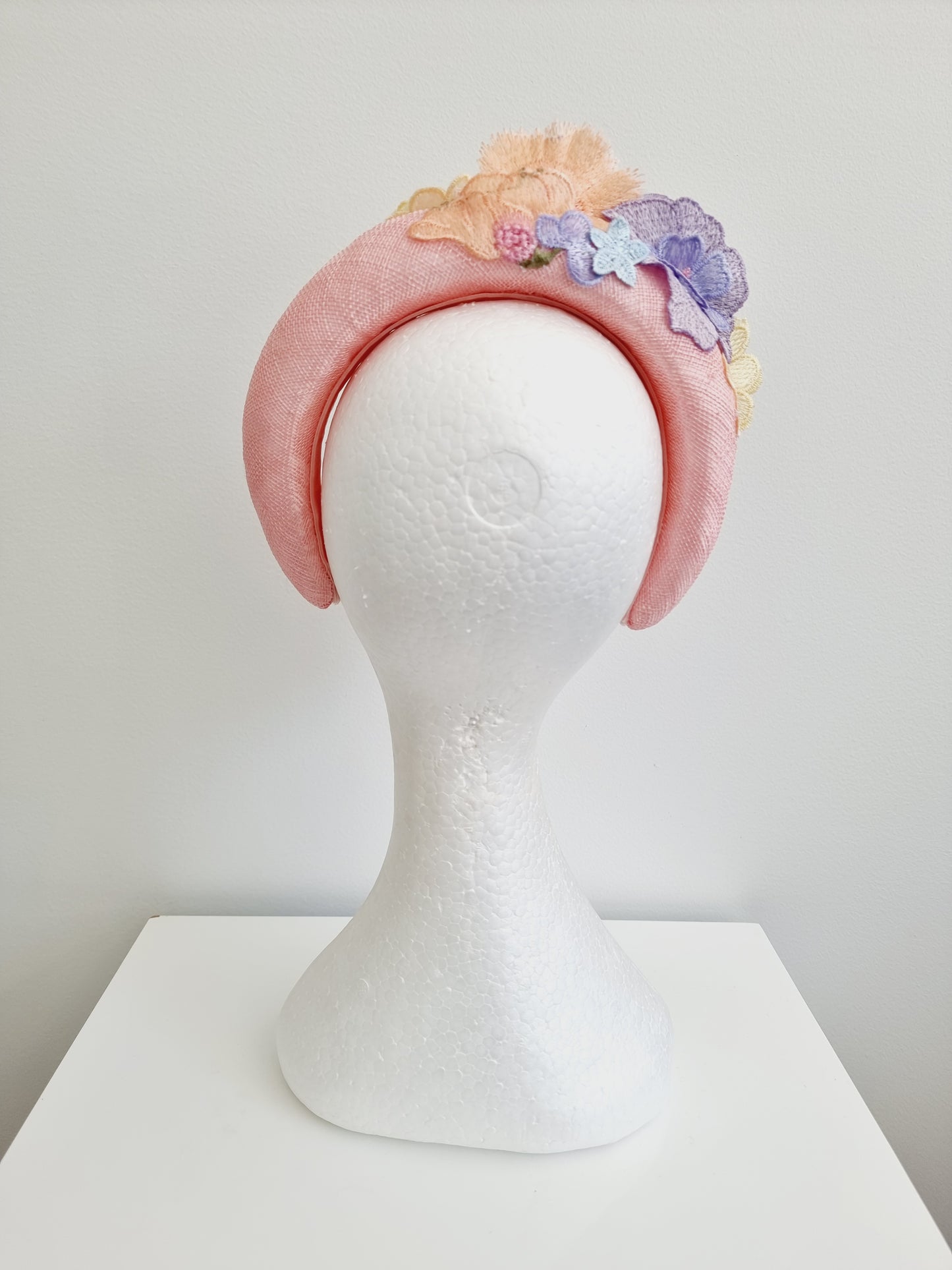 Miss Whimsical headband.  Womens 3D Pink tonal floral lace headband