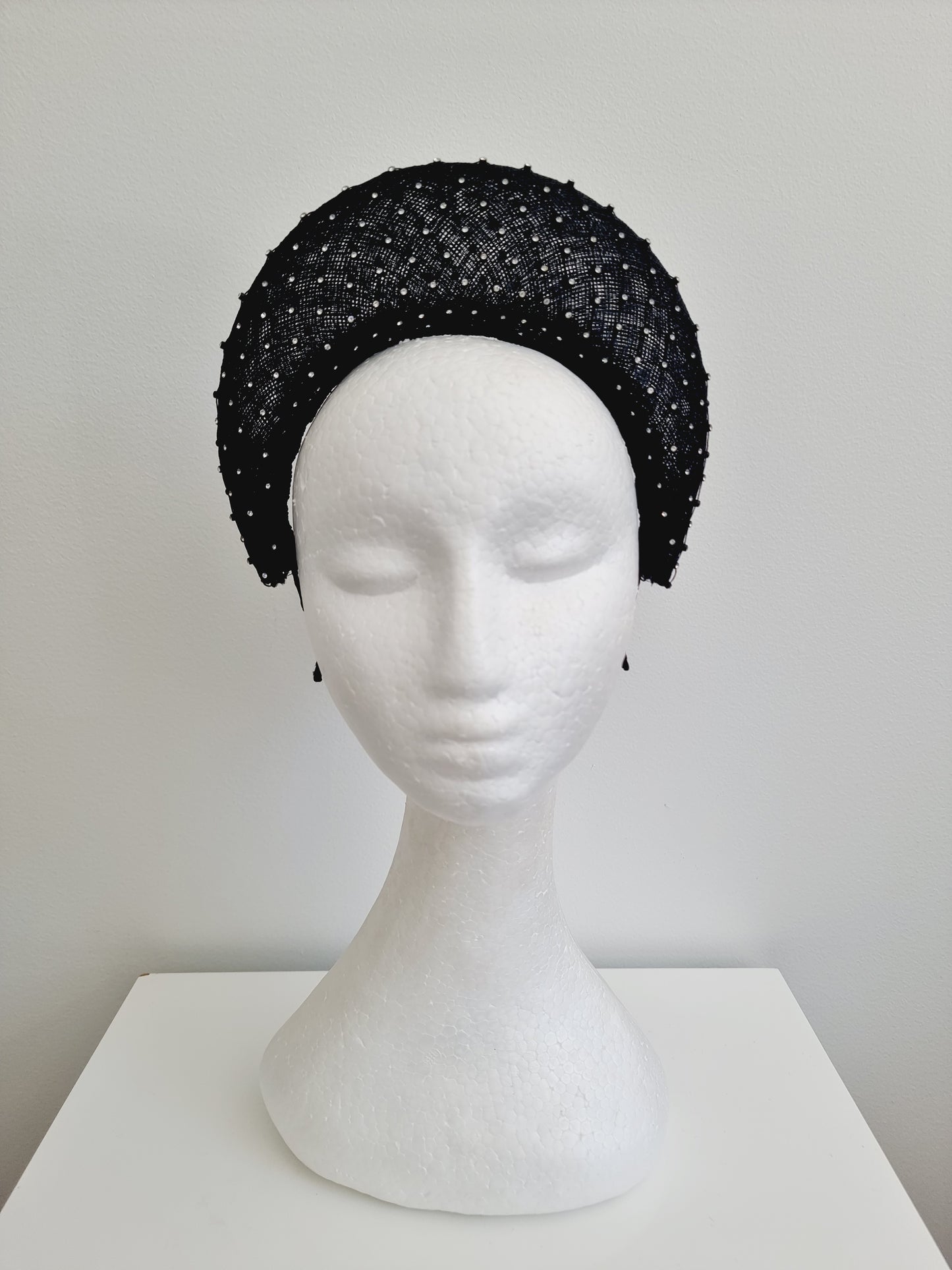 Miss Madeline. Womens Black sinamay halo headband fascinator with rhinestone mesh overlay