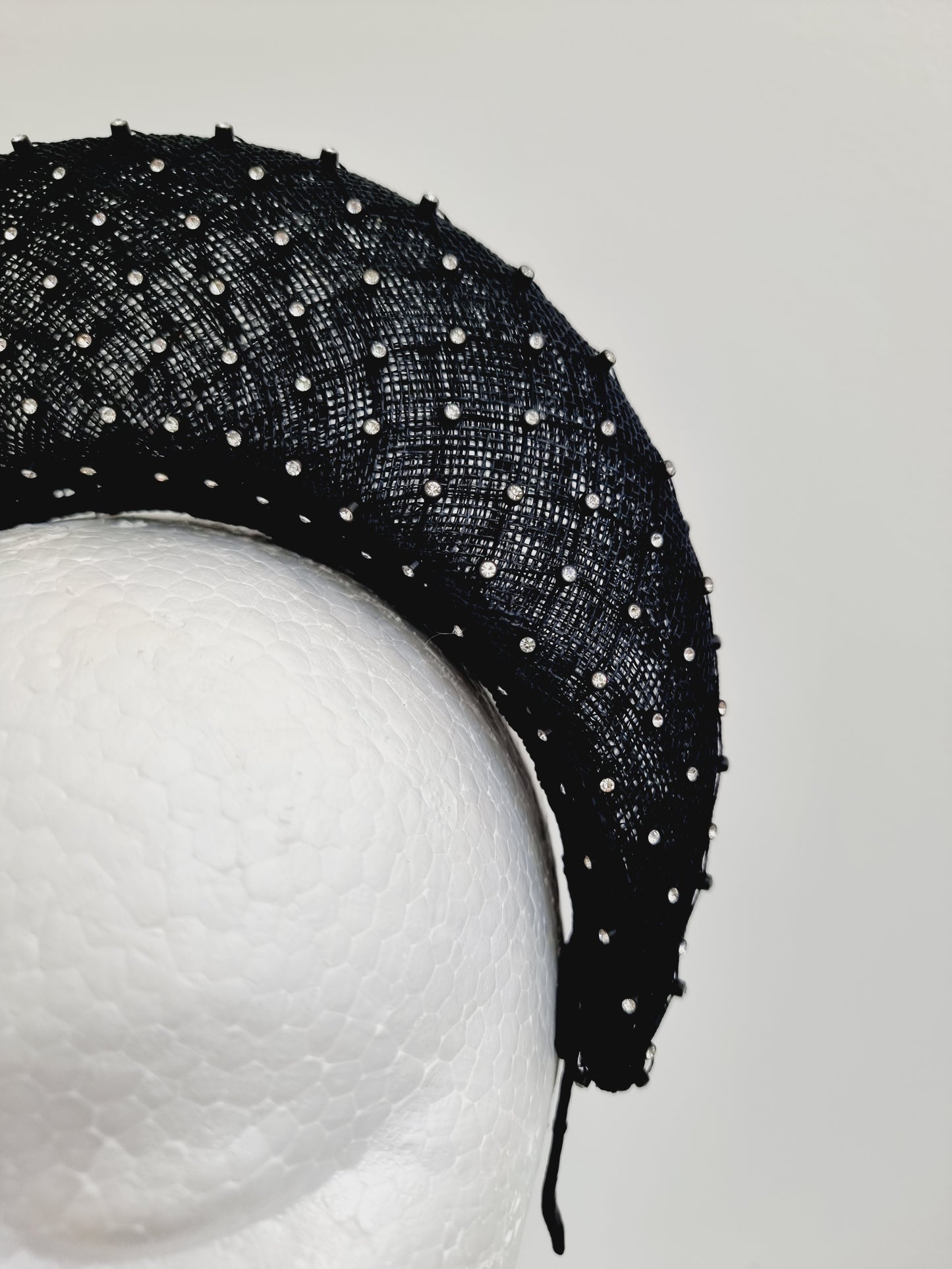 Miss Madeline. Womens Black sinamay halo headband fascinator with rhinestone mesh overlay