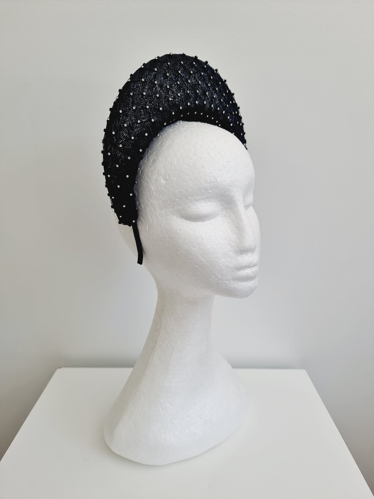 Miss Madeline. Womens Black sinamay halo headband fascinator with rhinestone mesh overlay