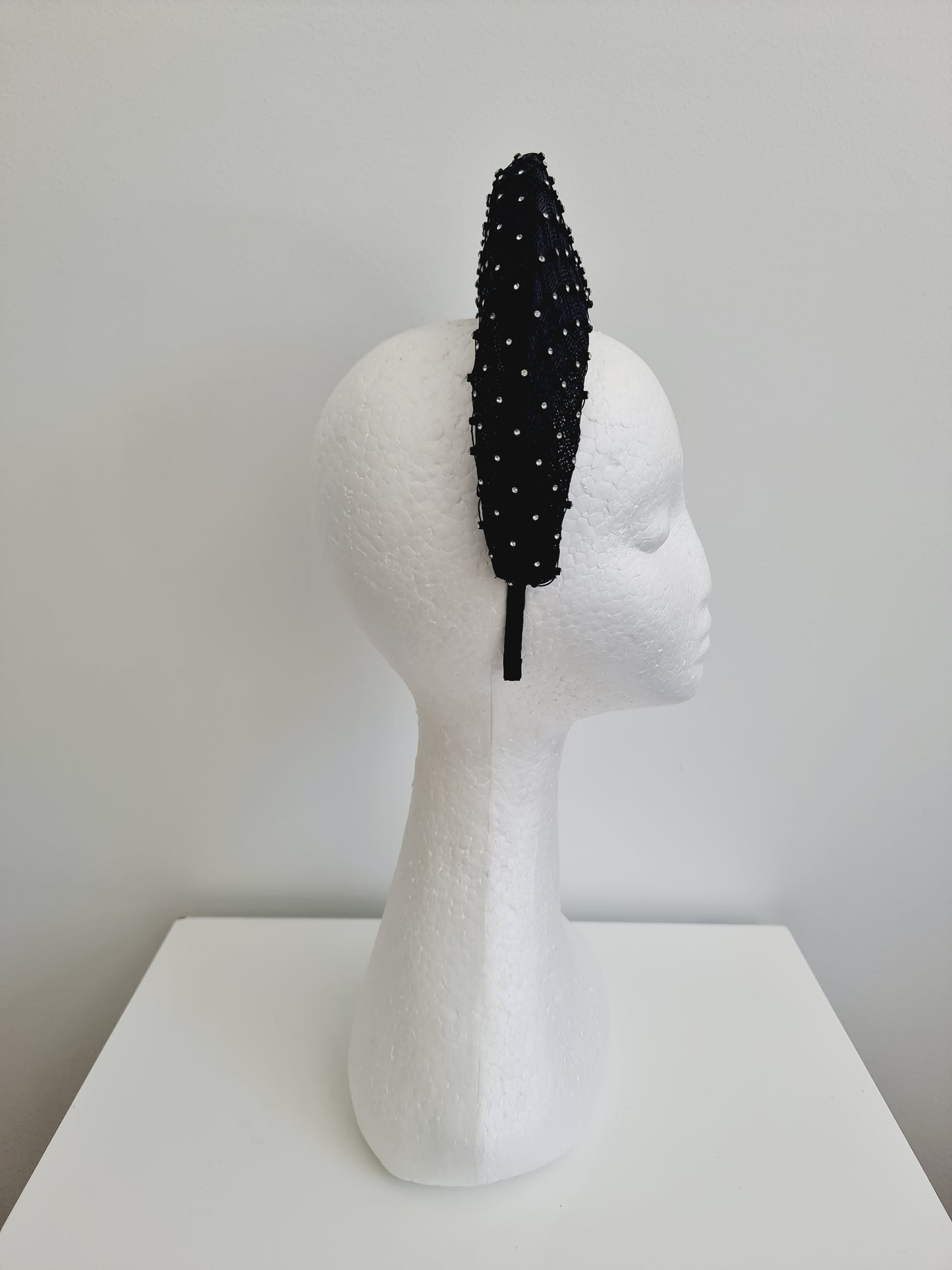 Miss Madeline. Womens Black sinamay halo headband fascinator with rhinestone mesh overlay