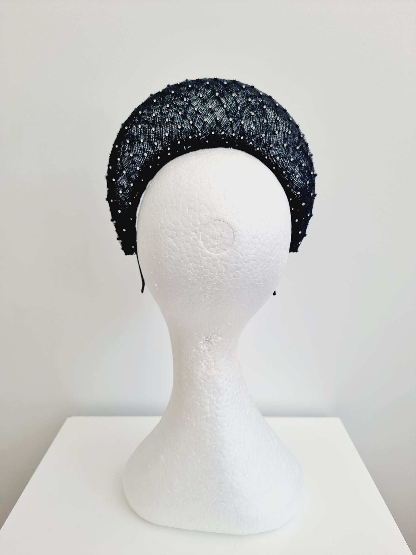 Miss Madeline. Womens Black sinamay halo headband fascinator with rhinestone mesh overlay