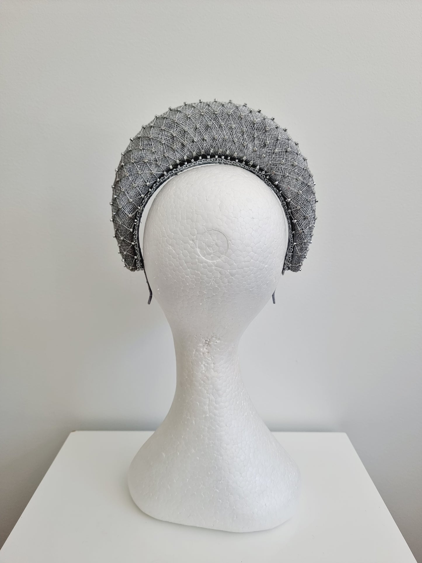 Miss Madeline. Womens Silver sinamay halo headband fascinator with rhinestone mesh overlay