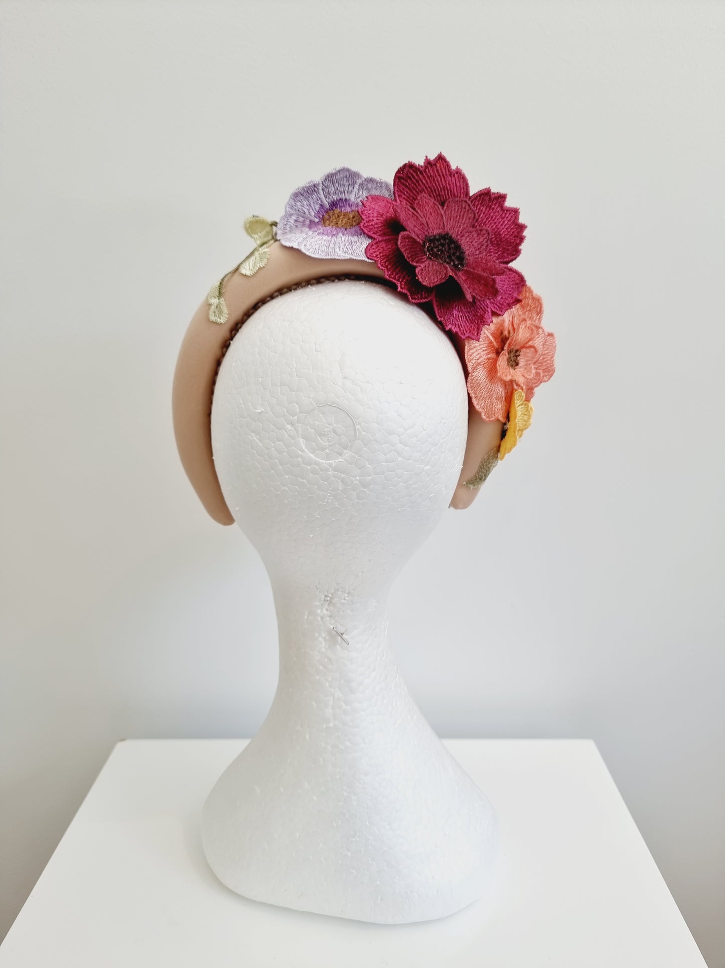 Miss Whimsical headband.  Womens 3D nude mutli floral lace headband