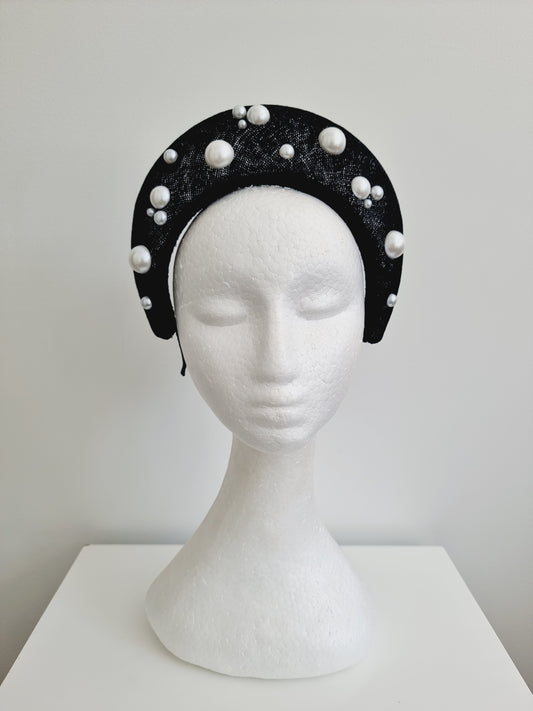Miss Taylor. Womens Black sinamay halo headband fascinator with pearls
