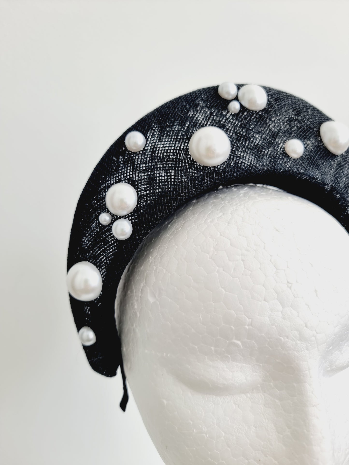 Miss Taylor. Womens Black sinamay halo headband fascinator with pearls