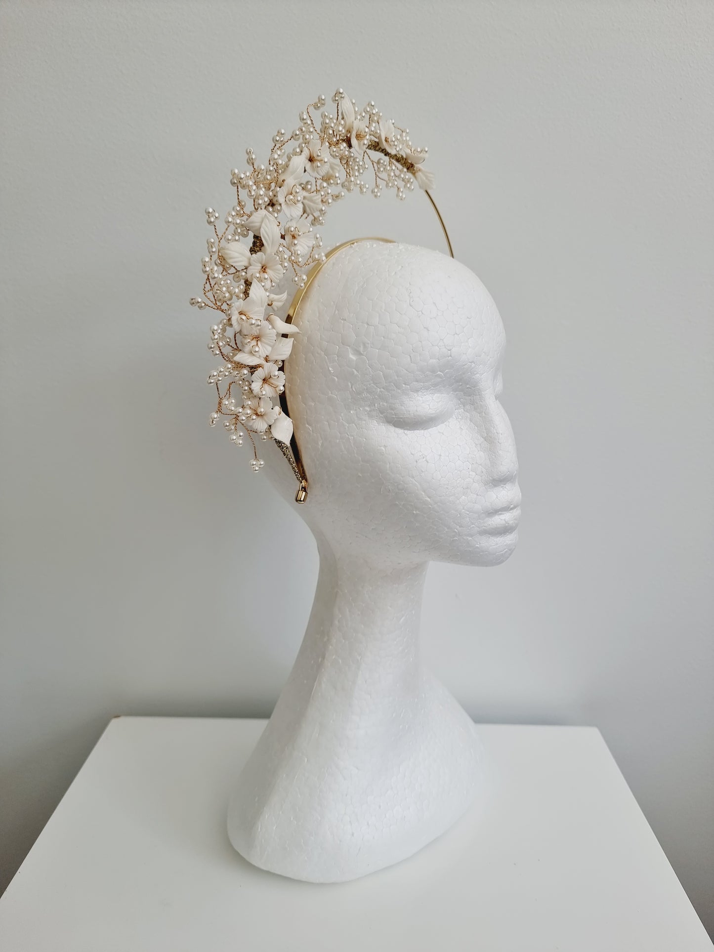 Miss Diana. Womens floral halo headband fascinator in gold and cream