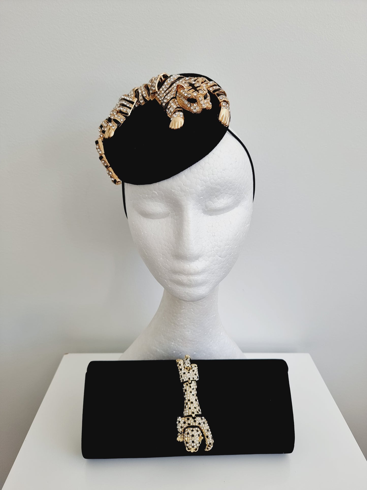 Miss Bengal. Womens black button fascinator with rhinestone tiger and matching bag