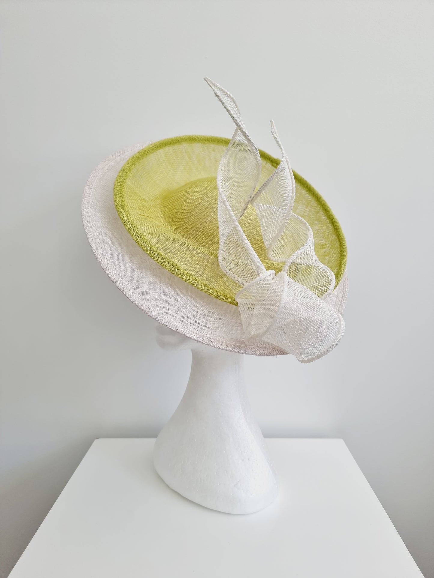 Miss Malarey. Womens Off white and lime green double saucer fascinator