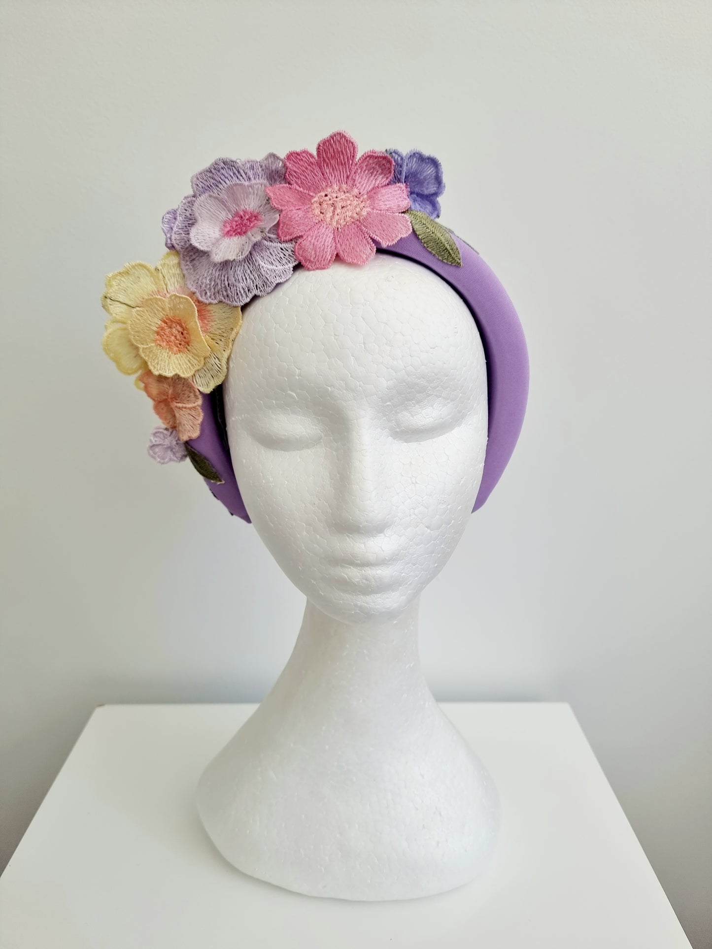 Miss Whimsical headband.  Womens 3D pastel mutli floral lace headband