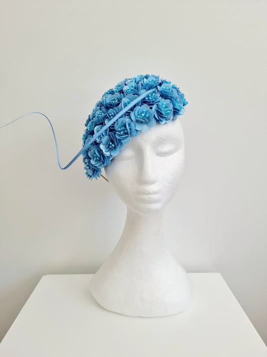 Miss Jamie . Womens Light Blue 3D flower encrusted fascinator with quill